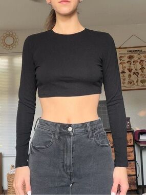 Black Long-Sleeve Crop Top - Minimal Crewneck